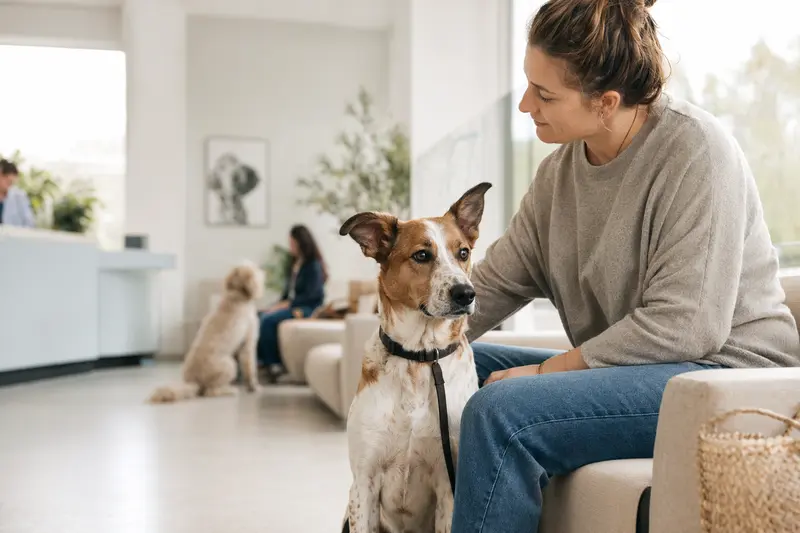 Ein Perro Majorero sitzt ruhig neben seinem Besitzer im hellen Wartezimmer einer modernen Tierarztpraxis.